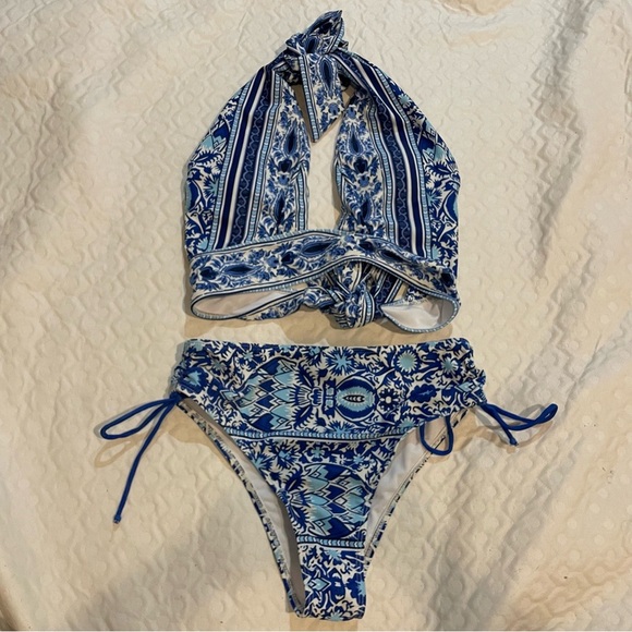 Blue Patterned Bikini Set Tie Top and Bottom Medium Aztec Beach Pool Summer - Picture 1 of 8